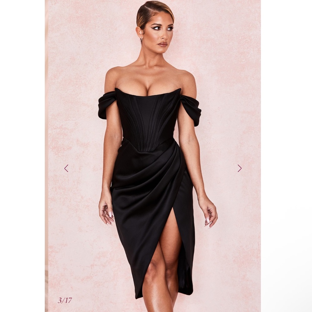 NWT House of CB Loretta Black Satin Off Shoulder Corset Draped Dress Large PLUS+